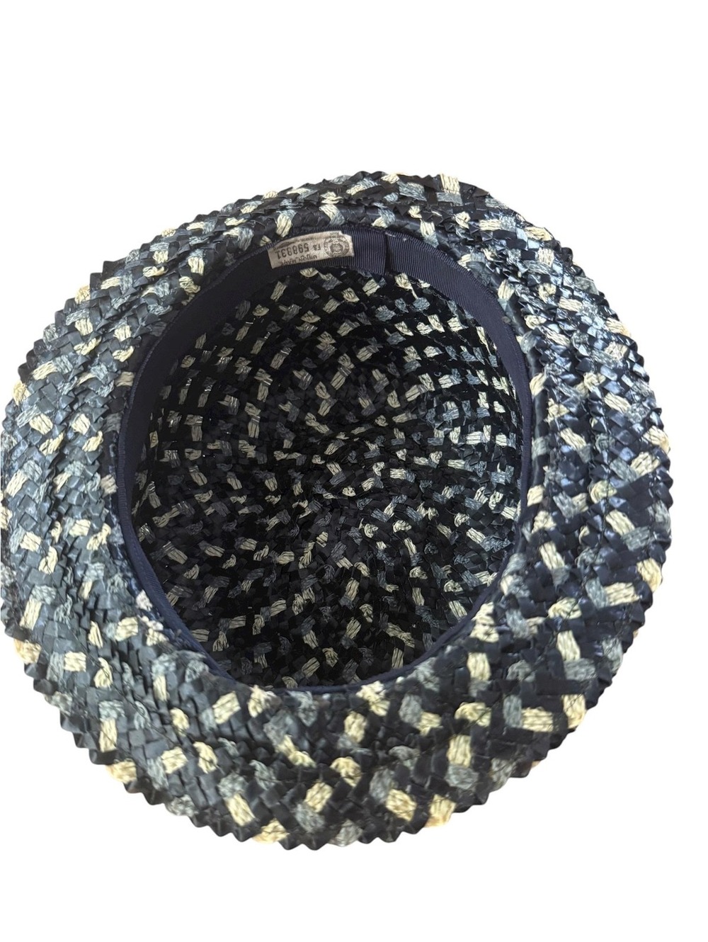 Vintage 1970s Woven Straw Hat, Mod Bucket, Ribbon and Bow, Blue White, Formal - Picture 5 of 7